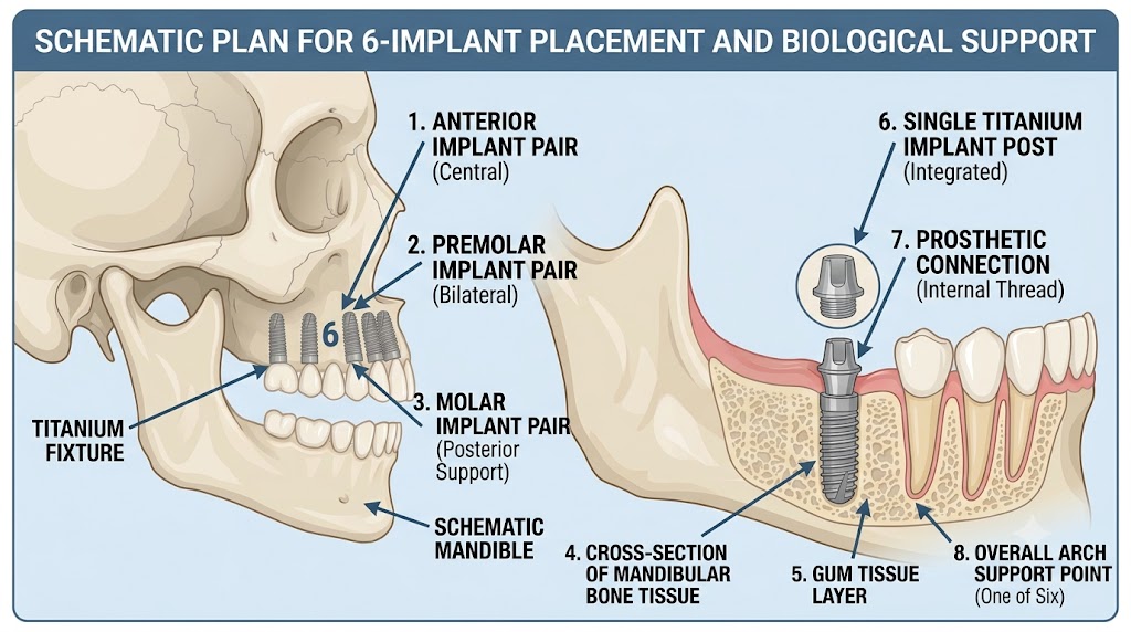 All on 6 Dental Implants in Italy: Complete Guide to Costs, Procedure & Results 6 implants across the arch diagram